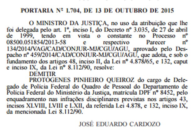 Portaria com a demissão de Protógenes Queiroz foi publicada nesta quarta-feira (14)  (Foto: Reprodução/Diário Oficial da União)