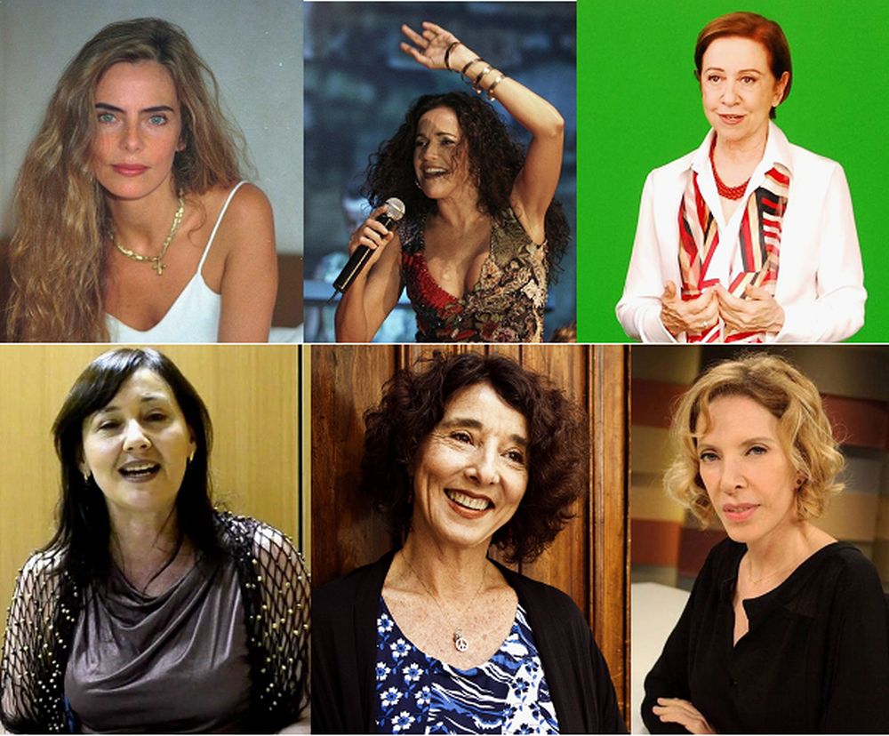 Da esquerda para a direita: Bruna Lombardi, Daniela Mercury, Fernanda Montenegro, Marília Gabriela, Cláudia Leitão e Eliane Costa. Fotomontagem com imagens das redes sociais.